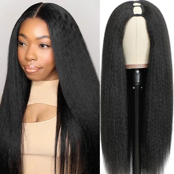 Kinky Straight U Part Wig 10-30 Inch V Part Yaki Straight Synthetic Hair Perukas moterims Kasdien naudokite be klijų Pilnas mašinos perukas