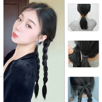 Korėjietiškas ins stiliaus perukas moterims Natūralūs kryžminiai vingiai Pynės Plaukų priauginimas Dvigubas ponis