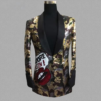 Kostiumas vyrams Leopard Sequin Blazer Nightclub Bar DJ Suit Singers Trendy Casual Jacket