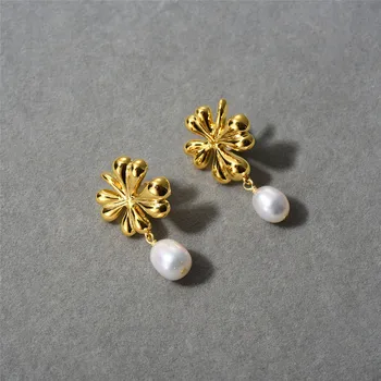 Kultivuoti gėlavandenių perlų lašų auskarai Auksinė gėlė paauksuotame sterlingų sidabre