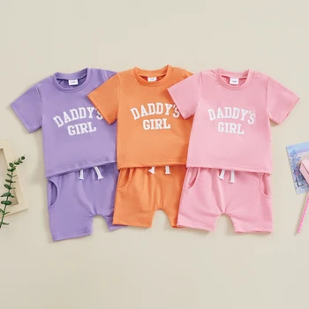 Kūdikių drabužiai Mergaičių šortai Rinkinys Trumpomis rankovėmis Raidės Spausdinti marškinėliai su elastiniais juosmens šortais Vasariniai 2 dalių aprangos drabužiai
