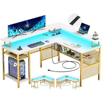 L formos stalas su LED juostele ir maitinimo lizdais, apverčiami kampiniai kompiuterių stalai su monitoriaus stovu ir laikymo lentyna