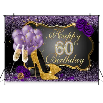 Laimingo 60-ojo gimtadienio vakarėlio fonas Bling Gold Violetiniai fonai Balionai Kulniukai Šampanas Pasakiškas gimtadienio dekoras Fotobooth Banne