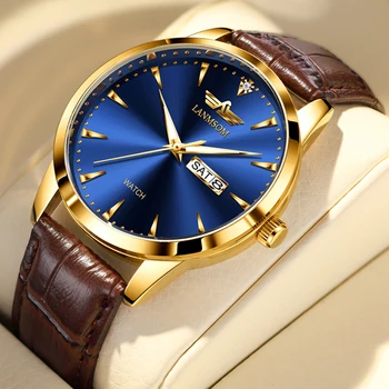 LANMSOM Nauji vyriški laikrodžiai Populiariausi prabangūs sportiniai odiniai vandeniui atsparūs savaitės pasimatymai Klasikinis kvarcinis laikrodis vyrams Relogio Masculino
