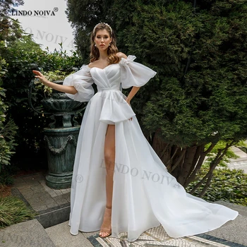LINDO NOIVA Vestido De Noiva 2023 Nauja priekinė trumpa ilga nugarinė vestuvinė suknelė Klasikinė mielaširdinga pūstomis rankovėmis Nuotakos suknelė su traukiniu