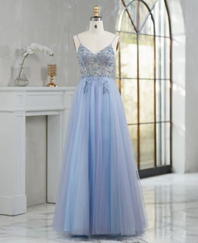 Linyang Luxury Blue V Neck Prom suknelė grindų ilgis Spagečių dirželiai Karoliukais Vakarinės gėlės Karoliukais Vakarinė suknelė moterims 2023