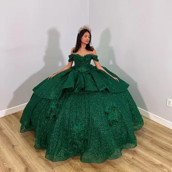 Lorencia Green Princess Quinceanera Suknelė 2023 Ball Gown Dirželiai karoliukais nuo peties 15th Party Gown Appliques vestidos YQD8