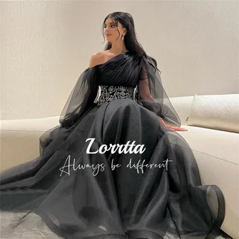 Lorrtta Folds Diržle Rhinestones Organza A-line Grindų ilgio ilgomis rankovėmis vakarinė suknelė Blizgios moteriškos suknelės Vakarėlis