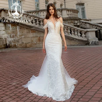 LOUIS NOVIAS Undinės vestuvinė suknelė nuo peties 2023 Klasikinės mielaširdingos aplikacijos Iliuzija Nėrinių vestuvinė suknelė Vestidos De Novia