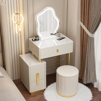 Luxury Smart Vanity Table Led Mirror Modern Solid Wood Vanity Table Belaidis įkrovimas Penteadeira miegamojo baldai YY50VT
