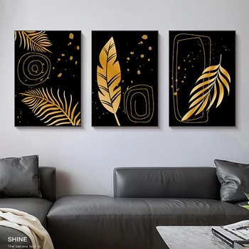 Madingas kūrybinis juodas abstraktus plakatas Auksinių augalų lapų formos Sienų meno drobė Tapyba Šiuolaikinė spauda Svetainės dekoravimas