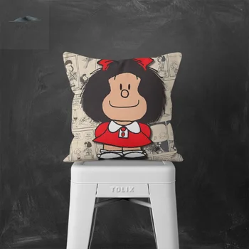 Mafalda Tapybos pagalvės dėklas Animacinis filmas Miela mergaitė Kvadratinė pagalvėlė Dangtelis Vaikų kambario dekoras Poliesteris Persikų odos medžiaga