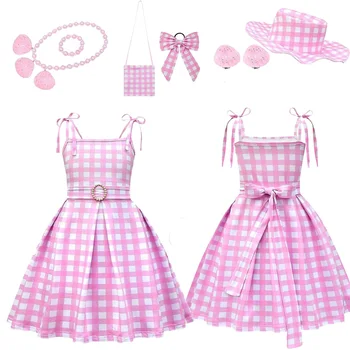 Margot Kids Girls Pink Dress Movie Barbier Cosplay kostiumas Kepurės krepšys Karoliai Vaikų audinio apranga Helovino karnavalo vakarėlio kostiumas