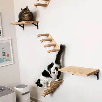 Medinės katės laipiojimo kopėčios Katės siena Pritvirtinta keturi žingsniai Ėjimas Kanapių virvės virvė Šlifavimo nagas Katytės žaidimui