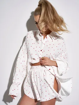 Medvilnės atspaudas Miego drabužiai Moteriškas rinkinys Žiedlapių ilgomis rankovėmis pižamų rinkiniai Plyšys Seksualios moterys Naktiniai drabužiai 2024 Laisvalaikio rudens poilsio drabužiai