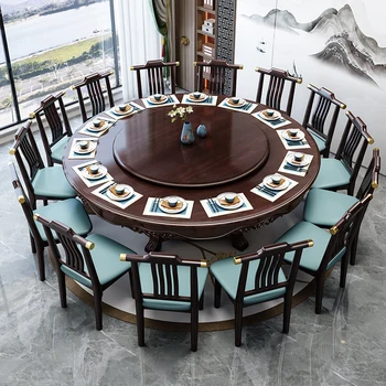 Medžio masyvo apvalaus valgomojo stalo ir kėdės derinys Naujas kinų stiliaus namų ūkinis didelis apvalaus stalo viešbutis su patefonu