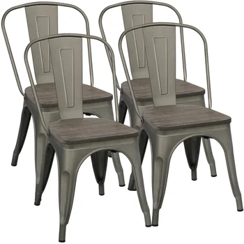 Metalinės sudedamos valgomojo kėdės su medine sėdyne, 4 komplektas, Gunmetal Pilka