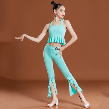 Mint Green Latin Dance Drabužiai mergaitėms Tango pramoginių šokių praktika Dėvėti viršutines kelnes Vaikai Samba ChaCha Performance Wear DL10015