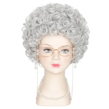 Miss U Hair Child Kids 100 Days of School Wig Short Curly Silver Wig Granny Costumes Halloween Set Old Lady Costume Wig