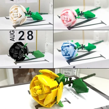 MOC Puokštė Mėlyna/Balta/Rožinė/Juoda/Geltona/Raudona Rožė Statybiniai blokai Žaislai Mergaičių kaladėlių rinkiniai Amžina gėlė Pasidaryk pats suderinamas su LEGO