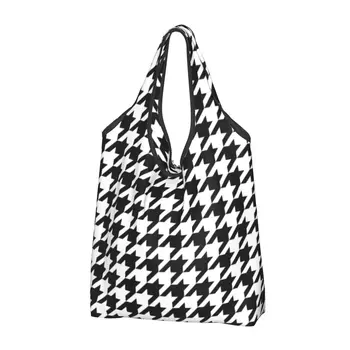 Modern Black White Houndstooth Bakalėjos prekės Pirkinių krepšys Kawaii Klasikinis geometrinis pečių pirkėjo krepšiai Didelės talpos rankinės