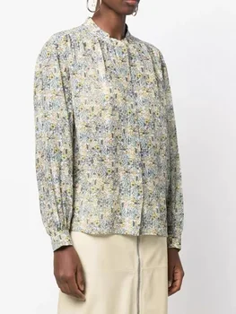 Moteriški marškiniai 2023 Nauji šilko medvilnės mišiniai Gėlių marginti plisuoti viengubo krūtinės retro priemiestiniai palaidinė ilgomis rankovėmis