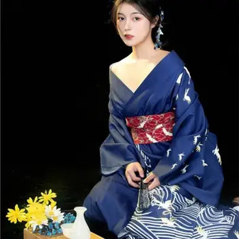 Moterys Japoniškas kostiumas Krano siuvinėjimas Spausdinti Tradicinė Kimono suknelė Megztinis moterims Yukata Azijos drabužių Cosplay rinkinys Naujas