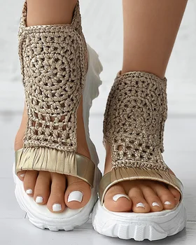 moterys Sandalai Pyntos geometrinės platformos pleištinės basutės Megztos elastinės vasarinės šlepetės Tinklinės plokščios basutės Tuščiaviduriai moteriški batai
