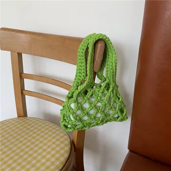 Moterų tuščiaviduris mažas kibiras krepšio dizainas Medvilninė lininė virvė Austa rankinė Vasaros tinklelis Bohemijos kelionių paplūdimio krepšys Sac A Main