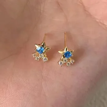 Mėlyni cirkono žvaigždės auskarai moterims Švieži ir saldūs Mažas dizainas Penkių taškų žvaigždės auskarai Individualizuota mada Paprasti auskarai