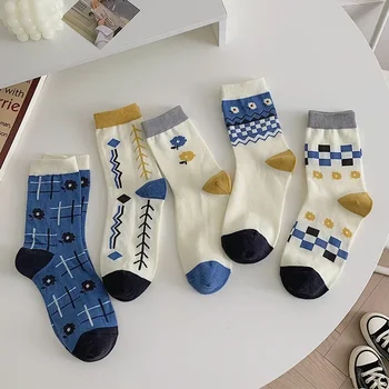 Mėlyni žiediniai kopūstai Medvilninės kojinės moterims Harajuku Vintage Streetwear Ilgos kojinės Minkštos kvėpuojančios mokyklos merginos Miela kojinė Kawaii Nauja