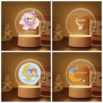 Naktinė lempa vaikams Kambarys Personalizuotas Mėnulio žvaigždės vizualinis dekoras Pasirinktinis lokys Dramblys Akrilo šviesa Su pavadinimu Gimtadienio dovana