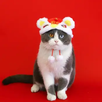 Naminių gyvūnėlių kepurė šunims Kinų stiliaus animacinių filmų dizainas Pliušinė naminių gyvūnėlių skrybėlė Minkšta šilta liūto šokio kepurė šunims Katės Naujiesiems metams orams
