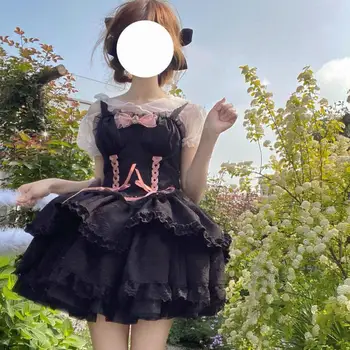 Nauja Harajuku vasara Lolita Saldi mini suknelė Moterys Vakarėlis be rankovių Kawaii Juodas rožinis vintažinis dirželis One Piece Korėjos mada