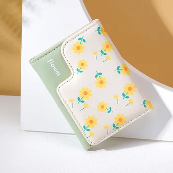 Nauja mada atspausdinta moteriška piniginė Gėlių raštas Mergaitės piniginė Trumpas paprastas kelių kortelių monetų piniginės segtukas