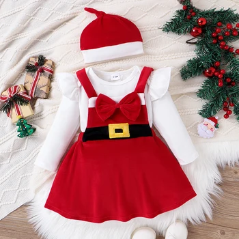 Naujagimiai Mergaitės Raudona kalėdinė apranga ilgomis rankovėmis Romper Vilnos diržo petnešos Sijonas Kepurė Rudens žiema