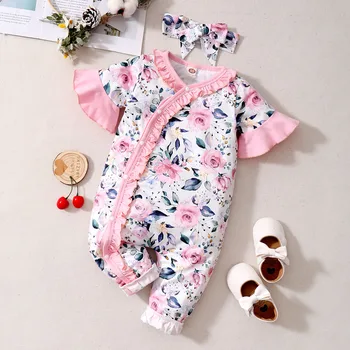 Naujagimė mergaitė Smėlinukas Summer Romper Flower Print Pink Short Sleeve Onesie with Headband Toddler Baby Girl Jumpsuit Clothes