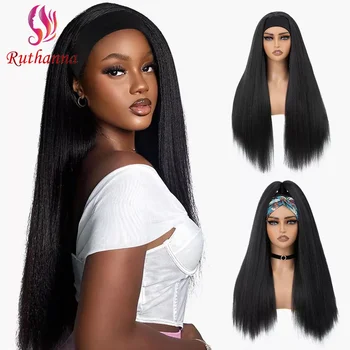 Naujas Europos ir Amerikos sintetinis perukas Moteriškas Juodas ilgas tiesus perukas Simuliacija Pūkuotas galvos juostos perukas Pilnas galvos komplektas