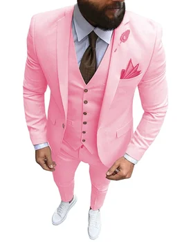 Naujas rožinis vyriškas 3 dalių kostiumas Oficiali verslo įpjova Lapel Slim Fit smokingai Geriausias vyriškas švarkas vestuvėms(švarkas+liemenė+kelnės)