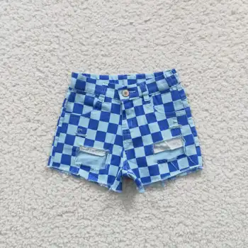 Naujausio dizaino didmeninė prekyba RTS Girls Džinsinės trumpos kelnės Kids Summer Ripped Jeans Baby Checker Blue Shorts