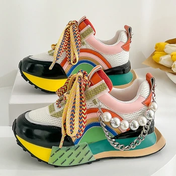 Nauji suvarstomi vaivorykštės perlų grandinėlės dekoratyviniai moteriški vulkanizuoti batai Moteriškos platformos sportbačiai Zapatos De Mujer moteriški batai