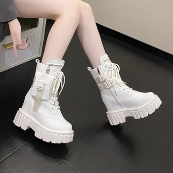 nemokamas pristatymas PU Vidutinio blauzdos modernūs batai 2023 Nauji žieminiai moteriški batai Didėjantis apvalus pirštas Aukštakulniai tvirti moteriški batai