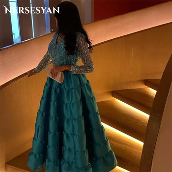 Nersesyan Glitter Satin Oficialios vakarinės suknelės Blizgučiai Tiulis ilgomis rankovėmis Vakarėlių chalatai V-Neck A linija aptraukta Vestidos De Fiesta