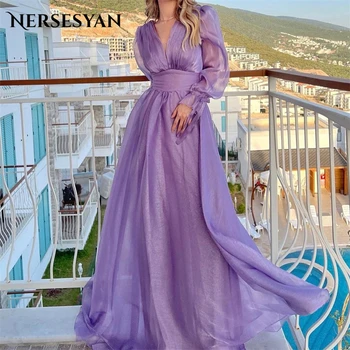 Nersesyan Purple Chiffon V-Neck Oficiali vakarinė suknelė Pūstomis rankovėmis Klostės Vakarėlių chalatai Long A Line Draped Vestidos De Fiesta 2023