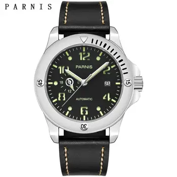 New Parnis Mens Automatinis mechaninis laikrodis Sidabrinis dėklas Šviečiantis žalios skalės kalendorius Vyriški laikrodžiai montre homme luxe grande marque