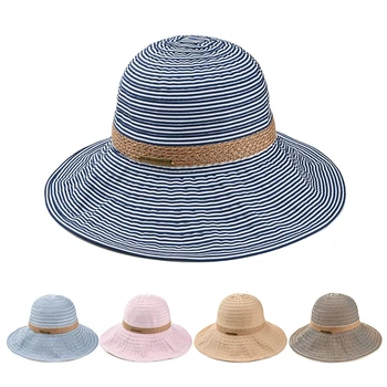 New Pinstripe Shade Straw Hat Lady Outdoor Protective Sunscreen Ultraviolet Big Hat Outdoor Photo Prop Hat