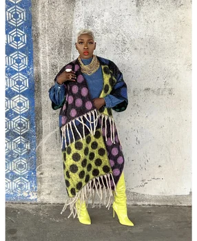 New Winter Women Fuzzy Long Cardigans Fashion Circle Printed Loose Kuts Thick Duster Coat African Lady Long Kimonos Jacket