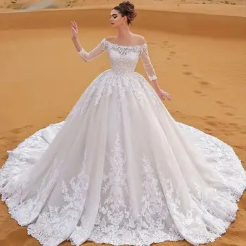 Off Wedding Dresses Nėrinių kamuolinė suknelė Arabian Vestido de Novia Tulle Sweep Train Išskirtiniai nuotakos chalatai