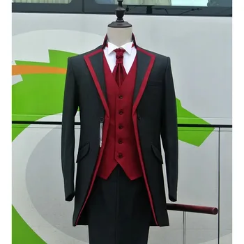 Oficialūs vyriški kostiumai 3 dalių švarko kelnės Juodos ir raudonos viengubos smailės atlapas Smokingas Slim Fit Elegantiškas švarko Terno kostiumas