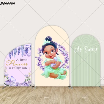 Oh Baby Green Arch Fono viršelis Violetinės gėlės Chiara siena Baby Princess Tiana Fonas Baby Shower Banner Vakarėlio dekoravimas